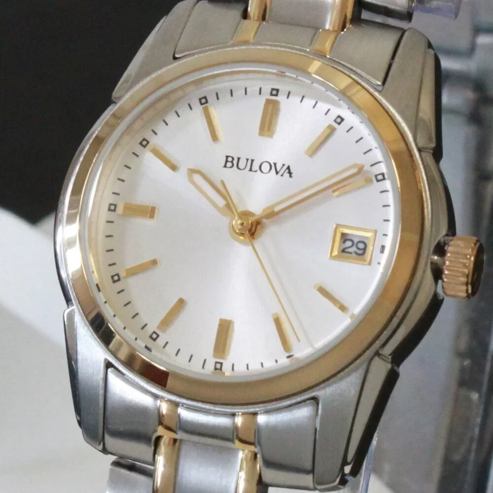 Bulova Women's Quartz Watch Two-Tone Case Silver Sunray Dial Date 26mm